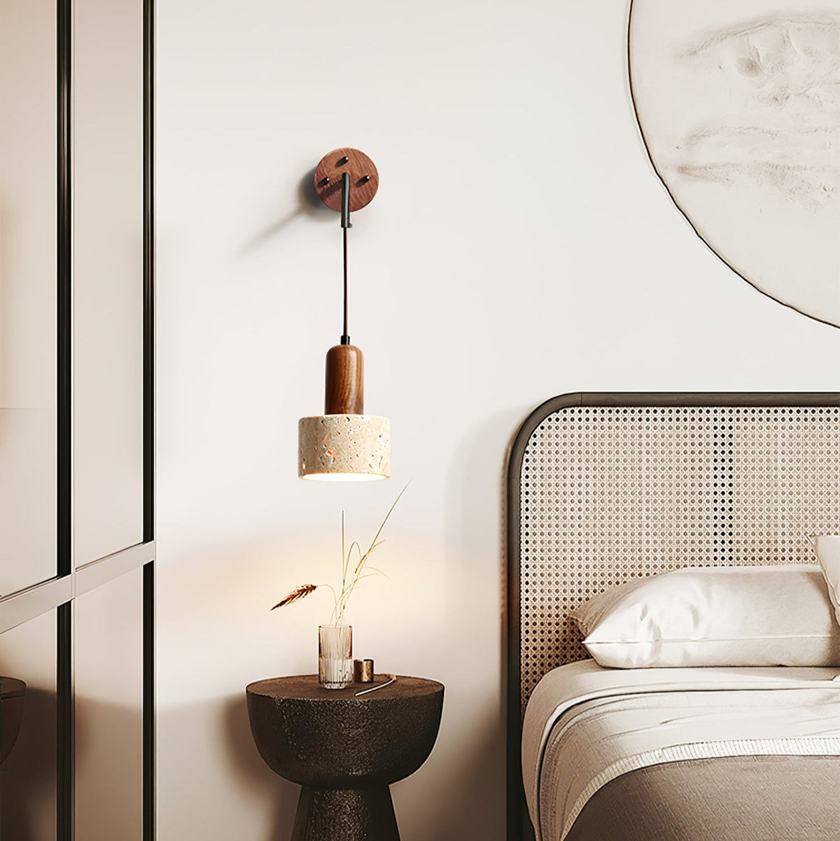 Arched Travertine Wall Sconce with Walnut Accents
