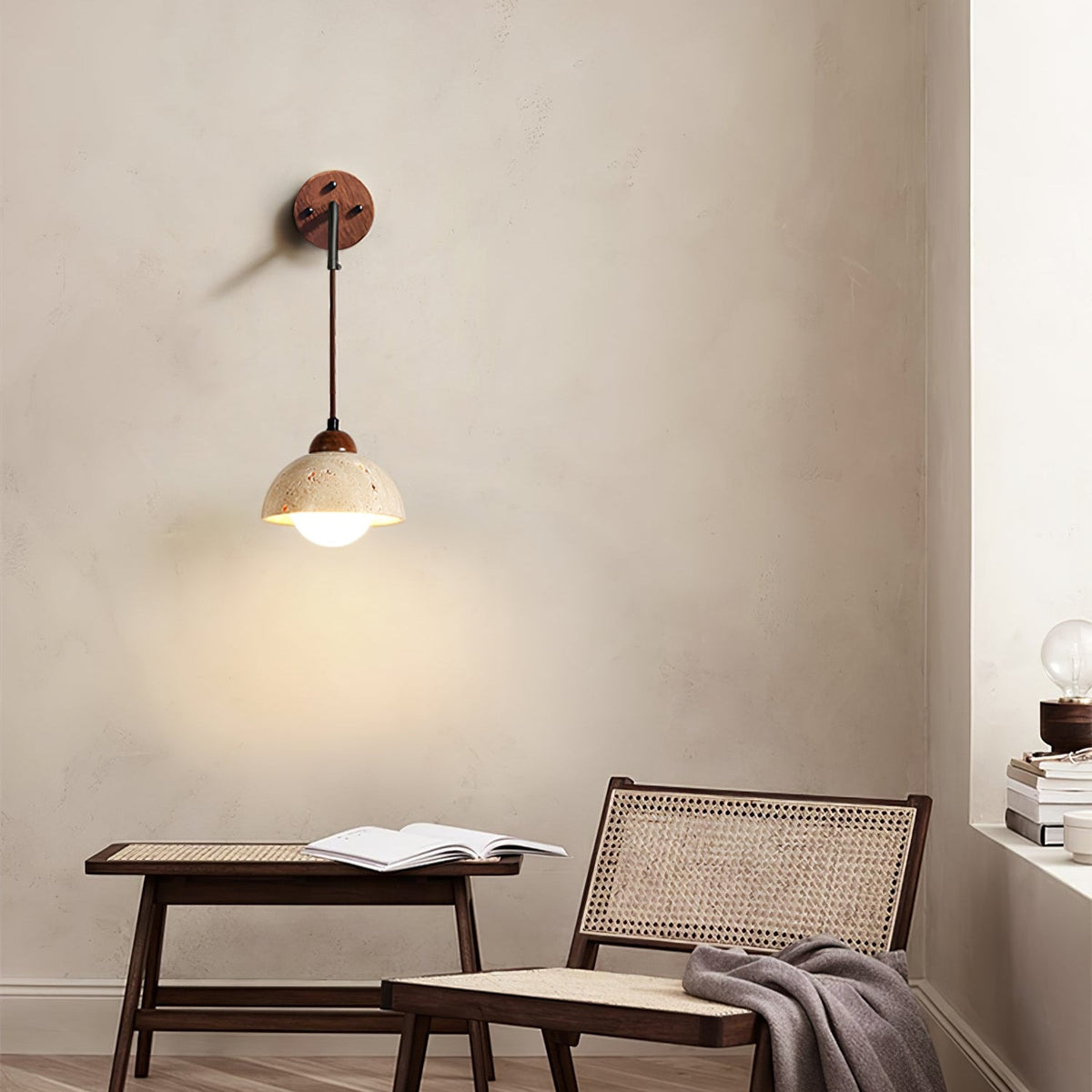 Arched Travertine Wall Sconce with Walnut Accents