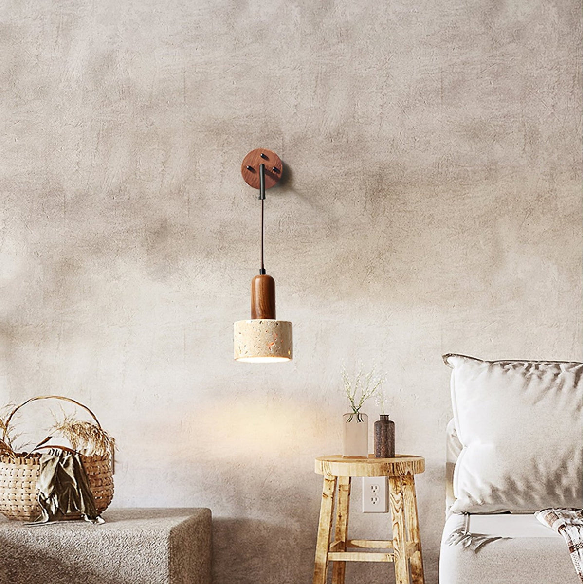 Arched Travertine Wall Sconce with Walnut Accents
