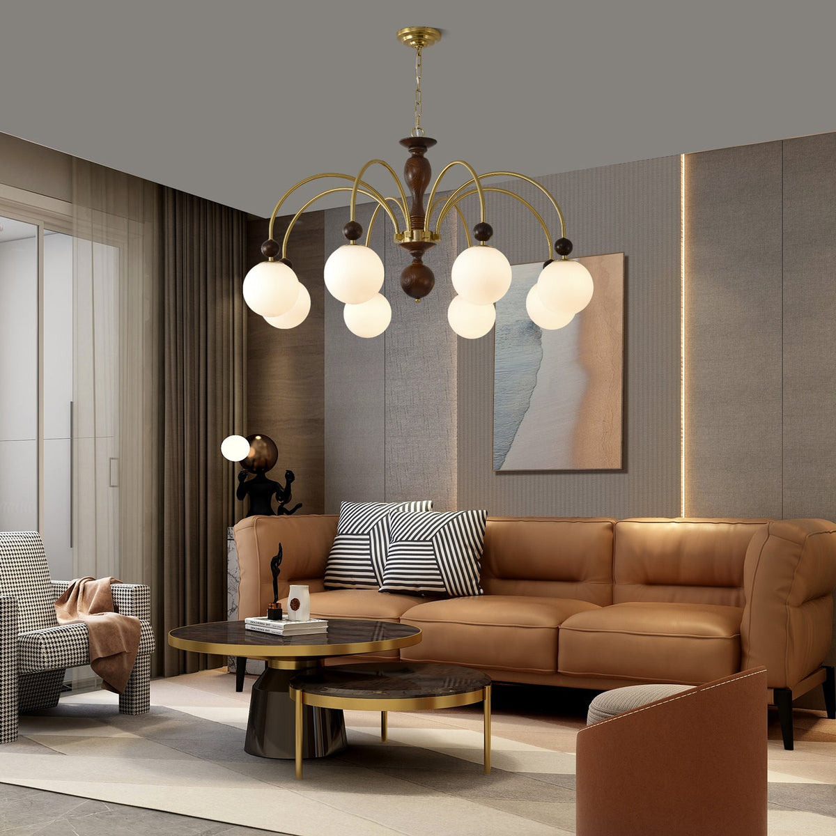 Archway Walnut Chandelier with Frosted Glass Shades for Dining Room and Living Room