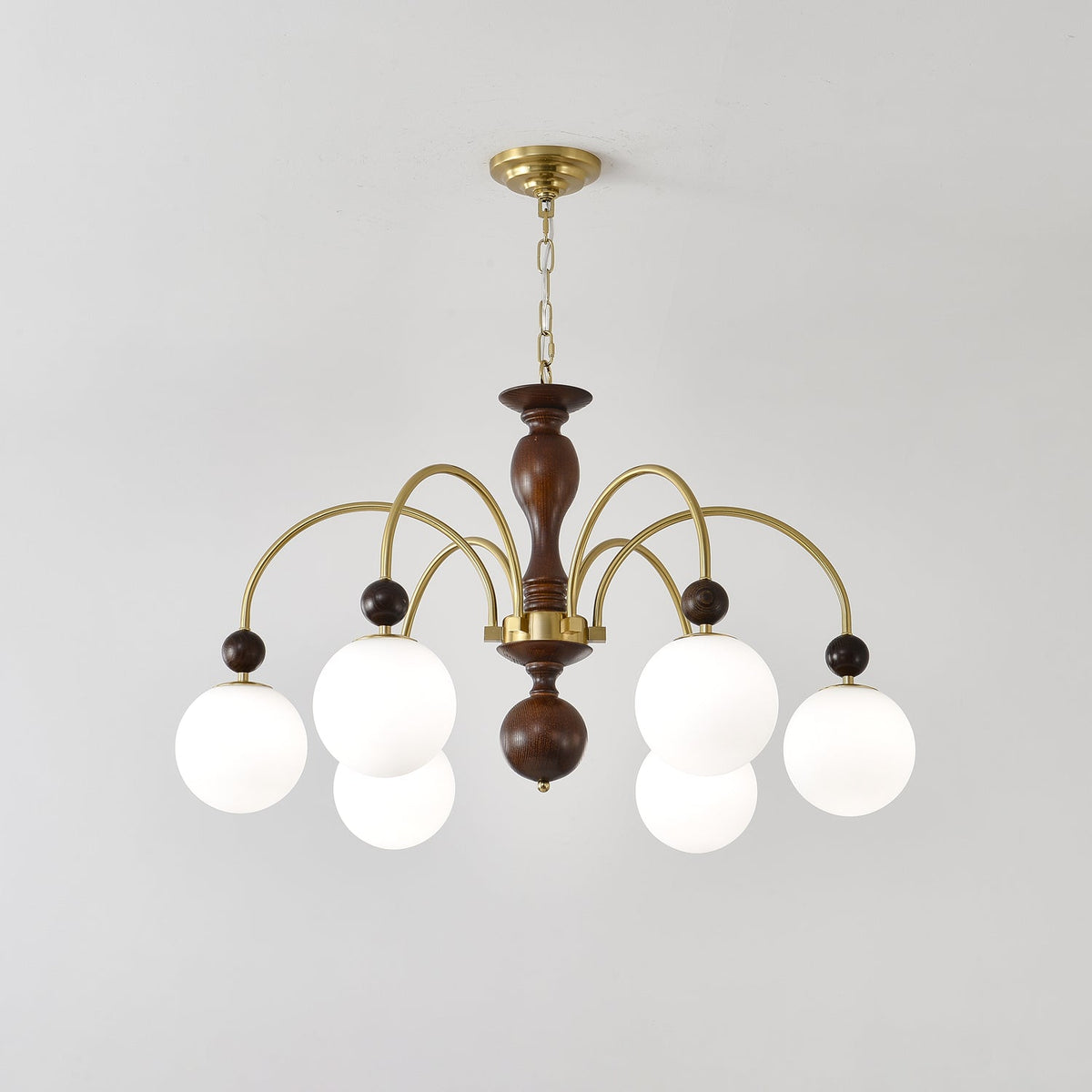 Archway Walnut Chandelier with Frosted Glass Shades for Dining Room and Living Room