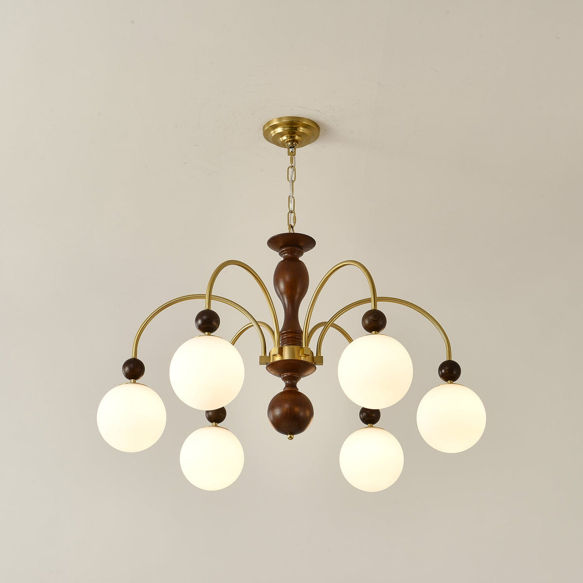 Archway Walnut Chandelier with Frosted Glass Shades for Dining Room and Living Room