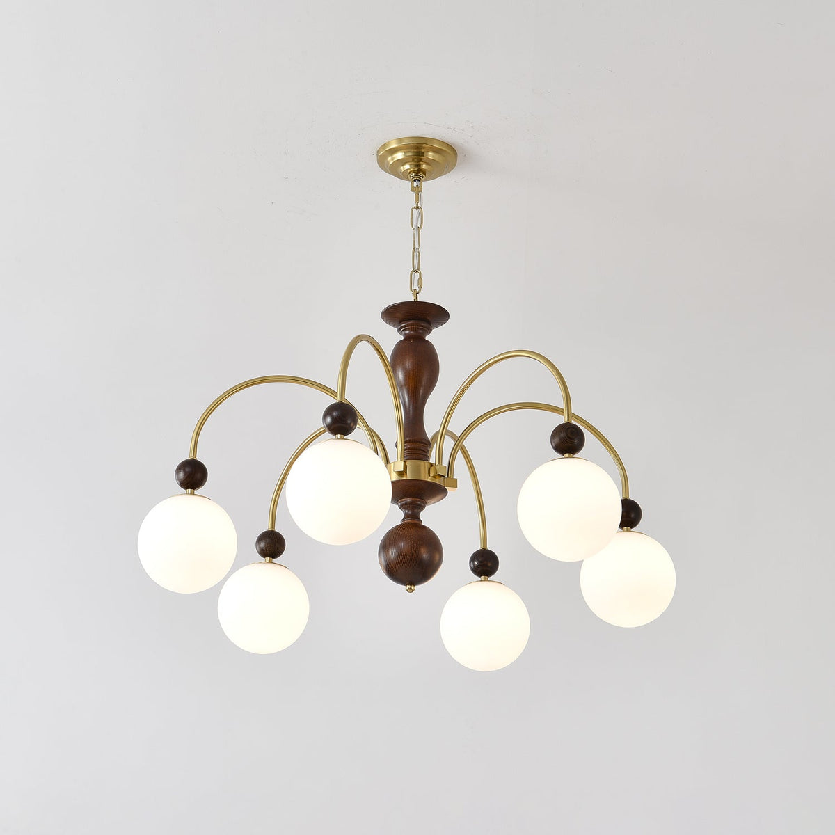 Archway Walnut Chandelier with Frosted Glass Shades for Dining Room and Living Room