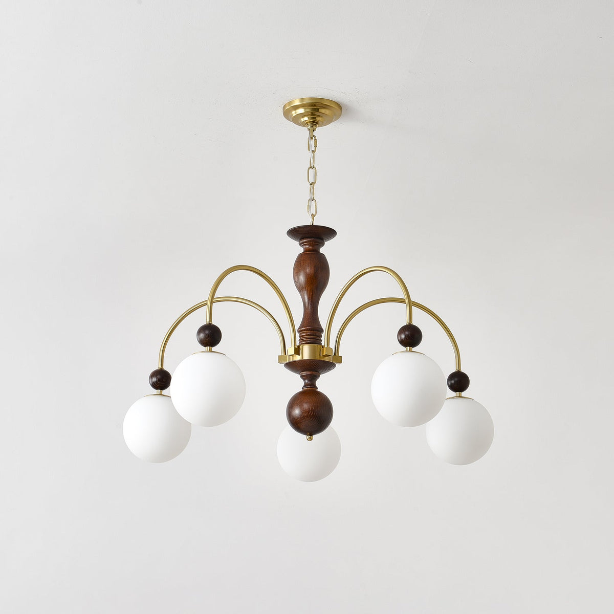 Archway Walnut Chandelier with Frosted Glass Shades for Dining Room and Living Room