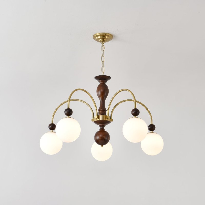 Archway Walnut Chandelier with Frosted Glass Shades for Dining Room and Living Room