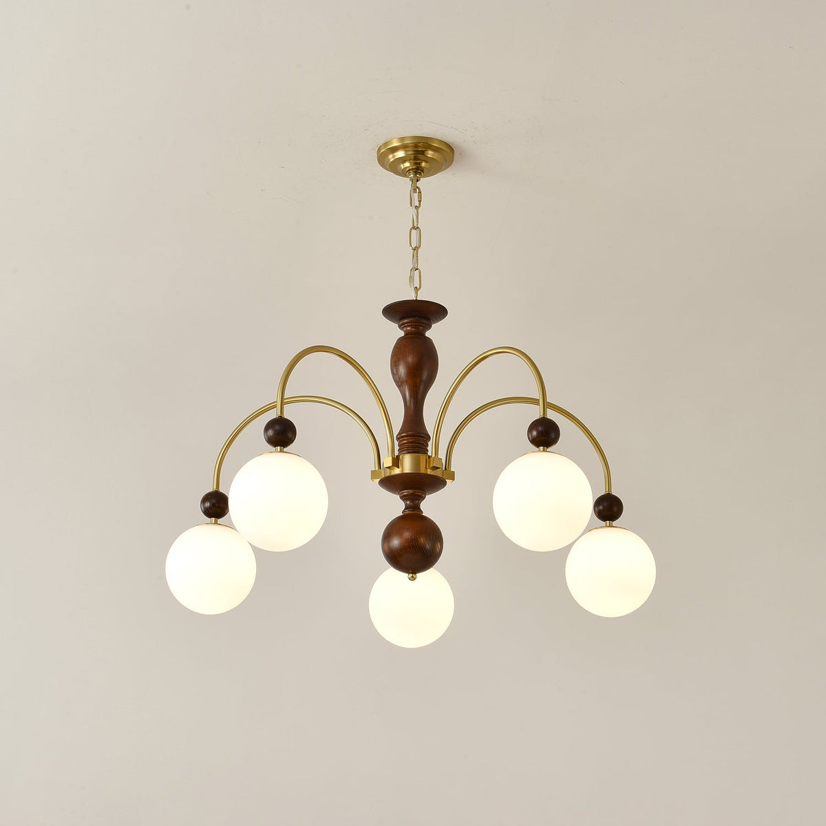 Archway Walnut Chandelier with Frosted Glass Shades for Dining Room and Living Room