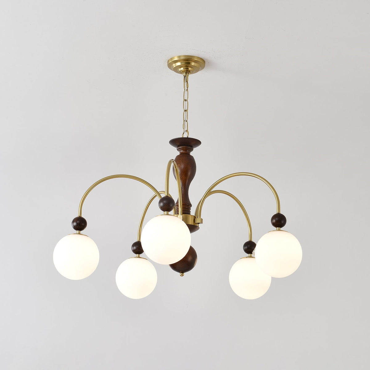 Archway Walnut Chandelier with Frosted Glass Shades for Dining Room and Living Room