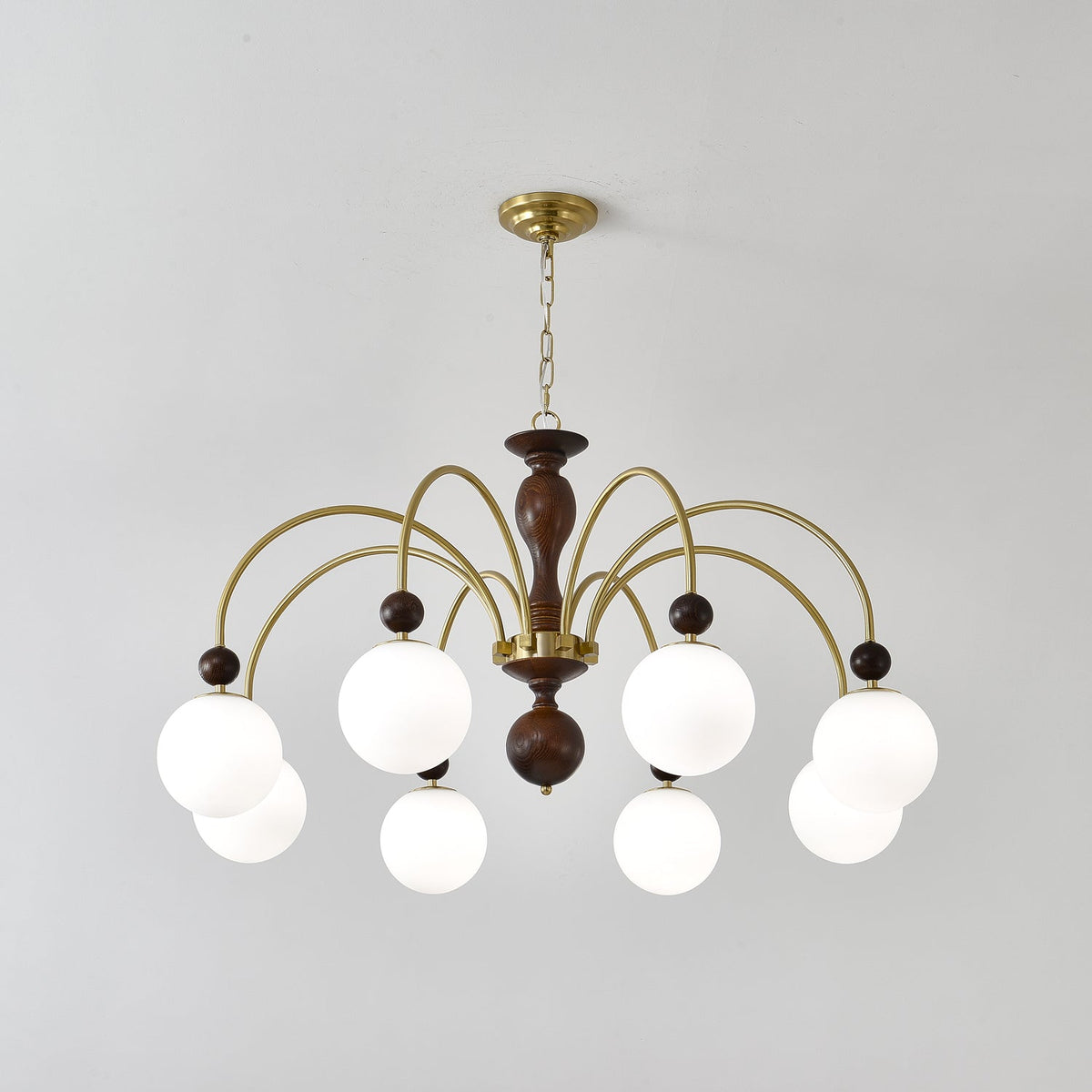 Archway Walnut Chandelier with Frosted Glass Shades for Dining Room and Living Room