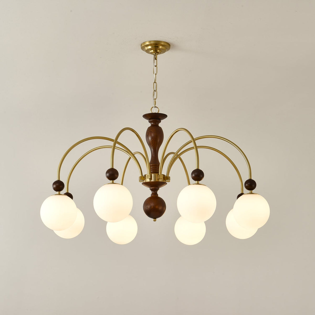 Archway Walnut Chandelier with Frosted Glass Shades for Dining Room and Living Room