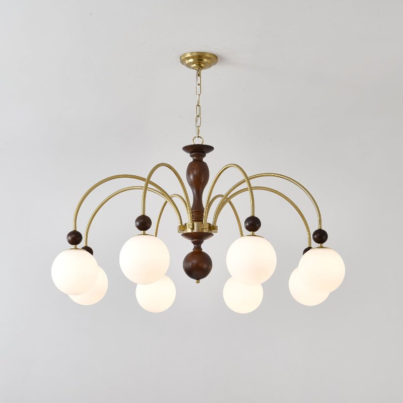Archway Walnut Chandelier with Frosted Glass Shades for Dining Room and Living Room