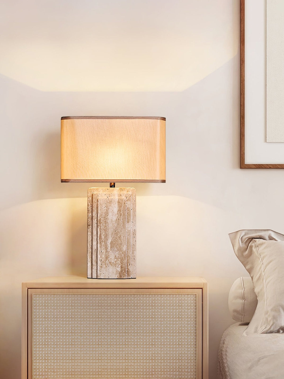 Arco Travertine Table Lamp – Sculptural Stone & Fabric Ambient Light