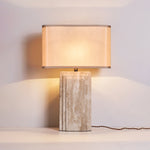 Arco Travertine Table Lamp – Sculptural Stone & Fabric Ambient Light
