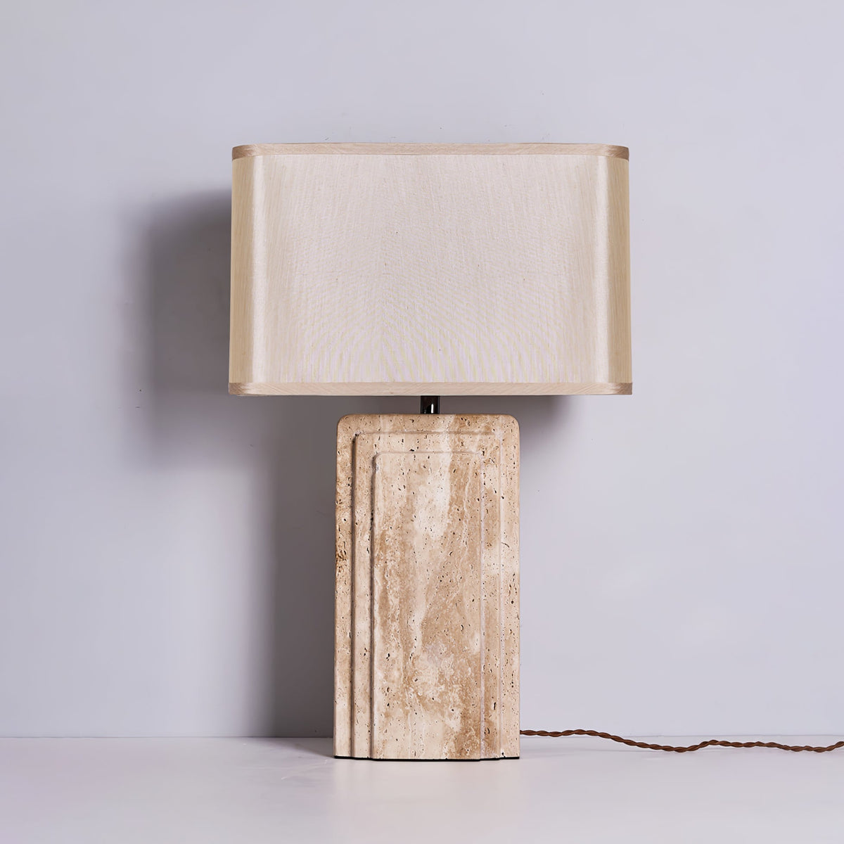 Arco Travertine Table Lamp – Sculptural Stone & Fabric Ambient Light