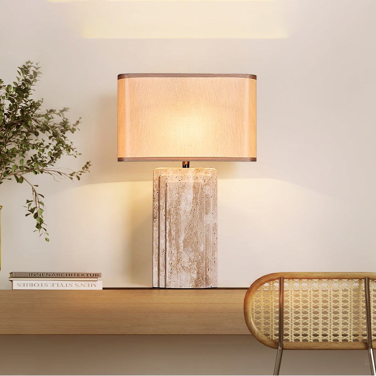 Arco Travertine Table Lamp – Sculptural Stone & Fabric Ambient Light