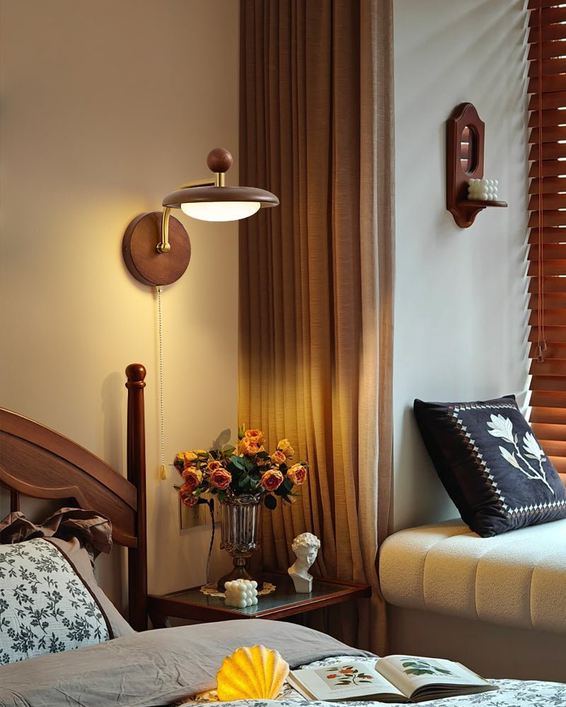 Arcwood Saucer Wall Sconce in Walnut and Brass
