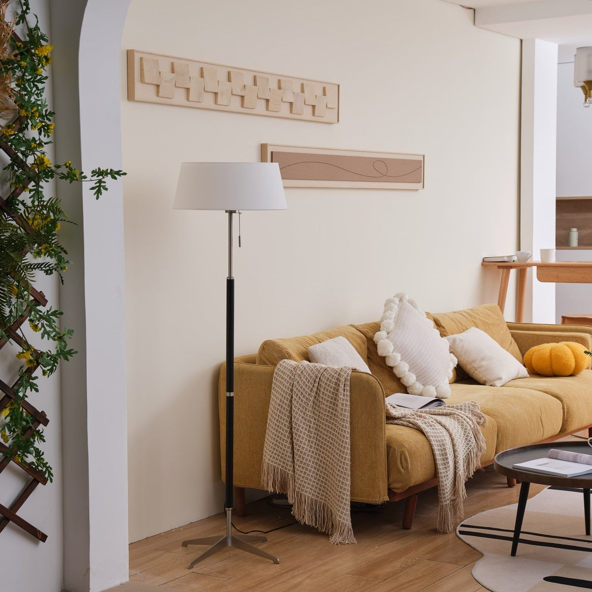 Ardell Modern Floor Lamp with Fabric Shade and Brass Accents