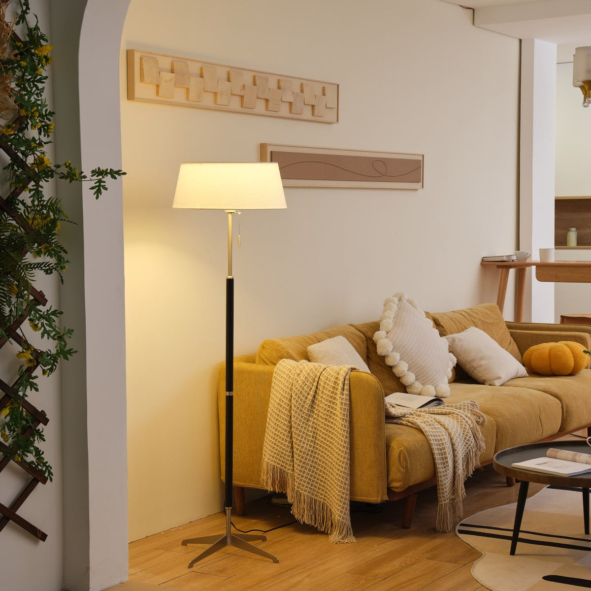 Ardell Modern Floor Lamp with Fabric Shade and Brass Accents