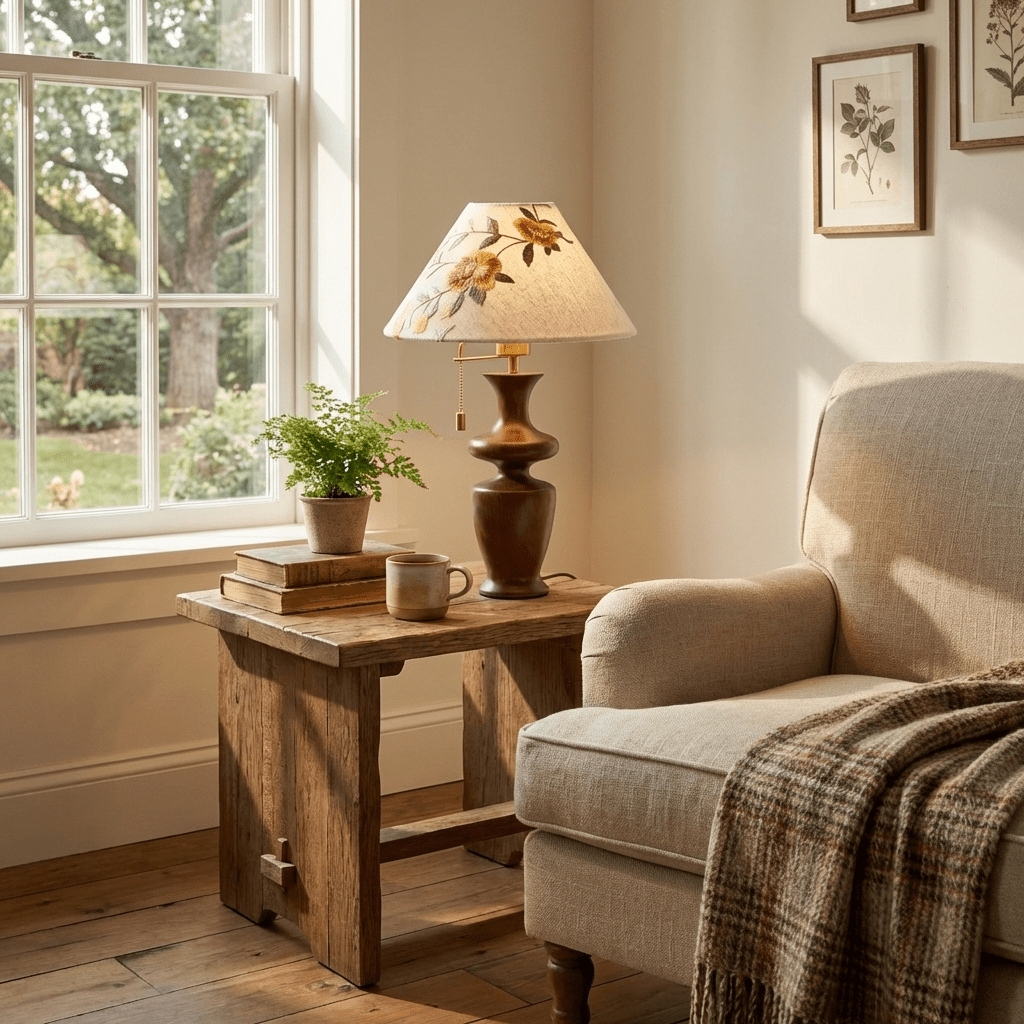 Arden Bloom Table Lamp – Walnut Wood & Floral Fabric Shade