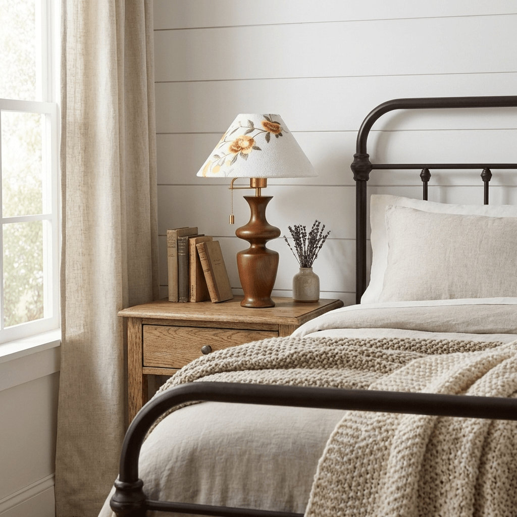 Arden Bloom Table Lamp – Walnut Wood & Floral Fabric Shade