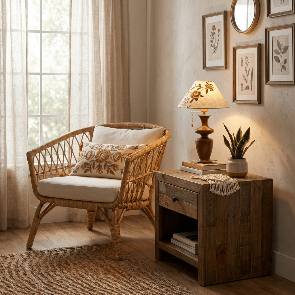 Arden Bloom Table Lamp – Walnut Wood & Floral Fabric Shade