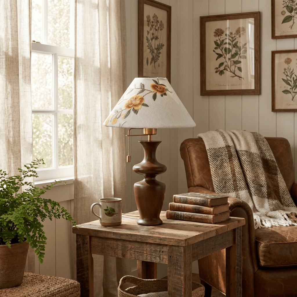 Arden Bloom Table Lamp – Walnut Wood & Floral Fabric Shade