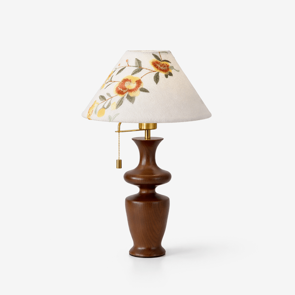 Arden Bloom Table Lamp – Walnut Wood & Floral Fabric Shade