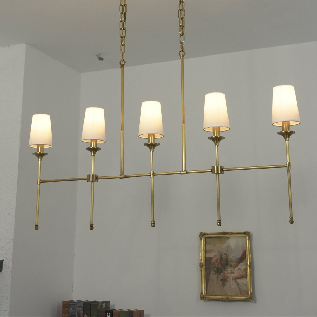 Arden Row Linear Chandelier in Brass, Black, or Nickel with Fabric Shades