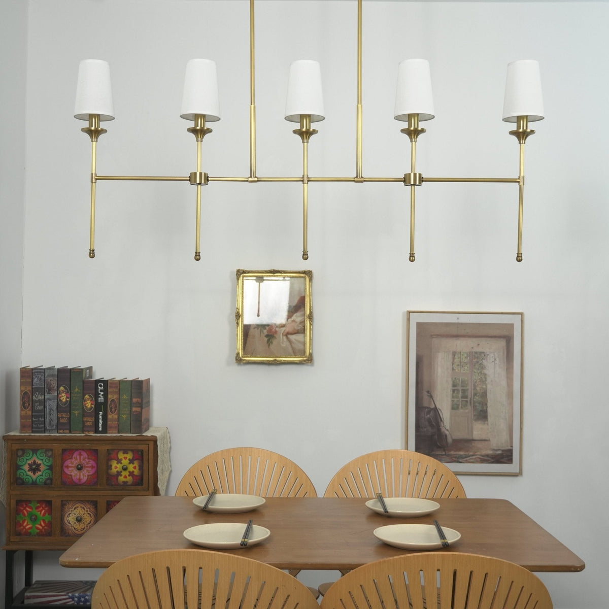 Arden Row Linear Chandelier in Brass, Black, or Nickel with Fabric Shades