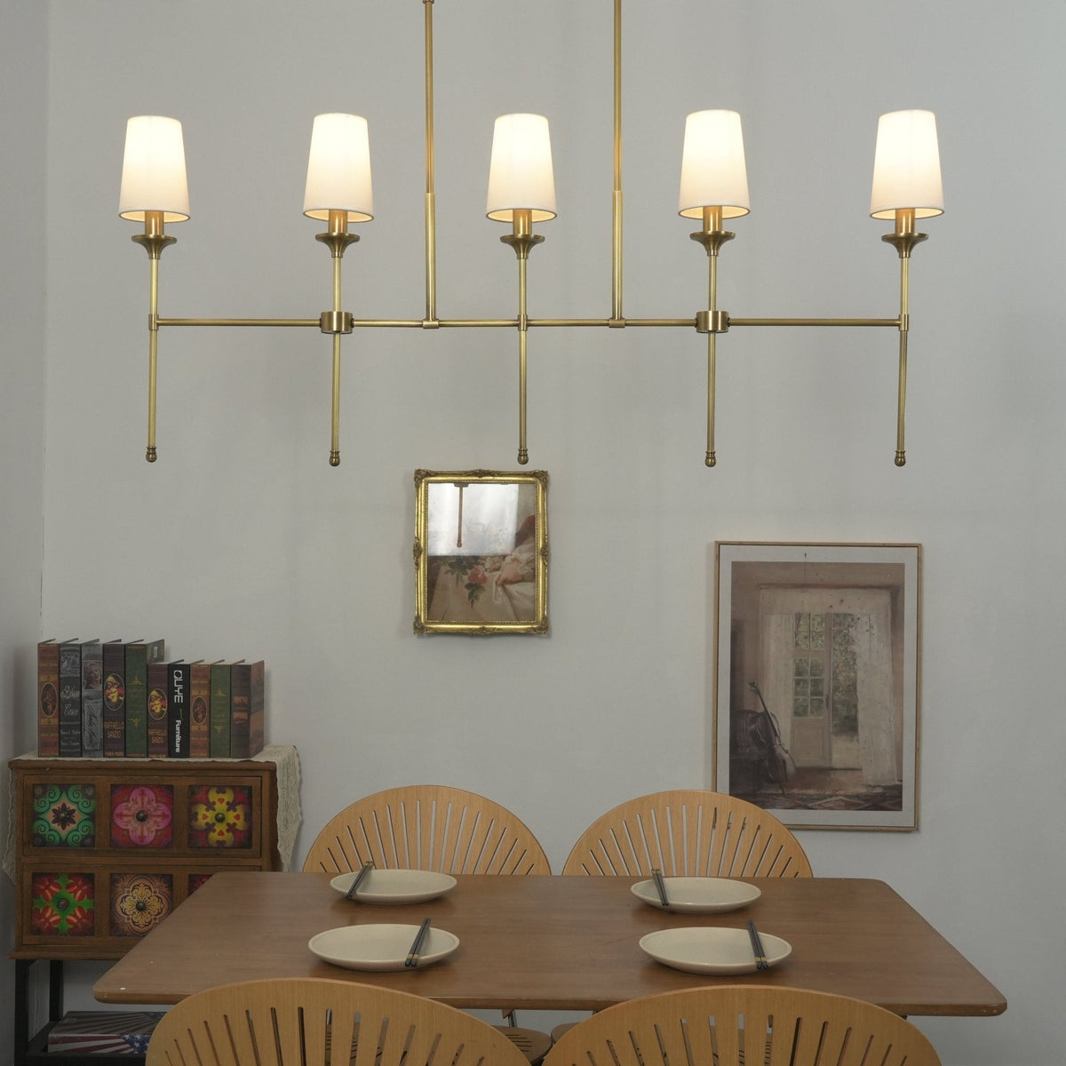 Arden Row Linear Chandelier in Brass, Black, or Nickel with Fabric Shades