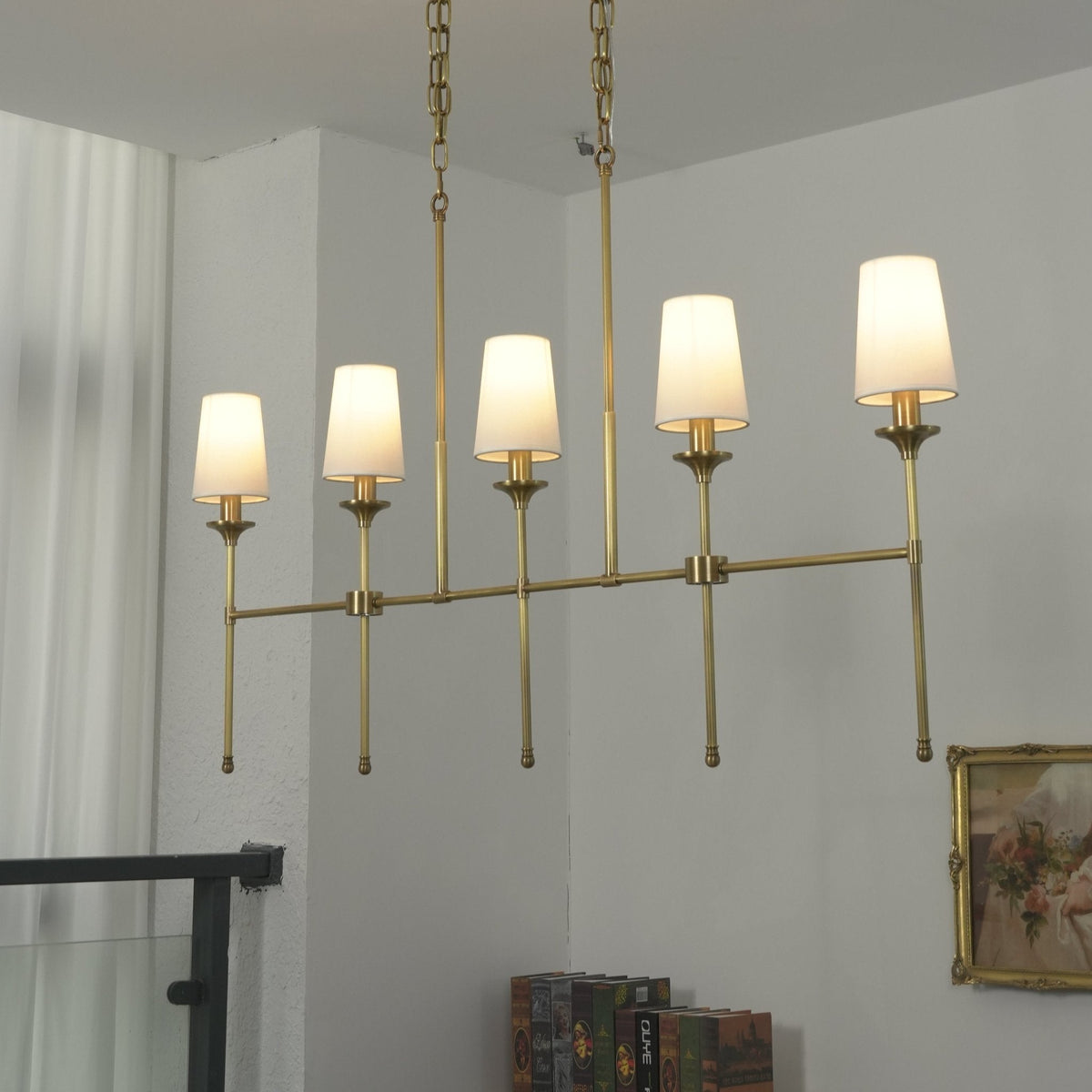 Arden Row Linear Chandelier in Brass, Black, or Nickel with Fabric Shades