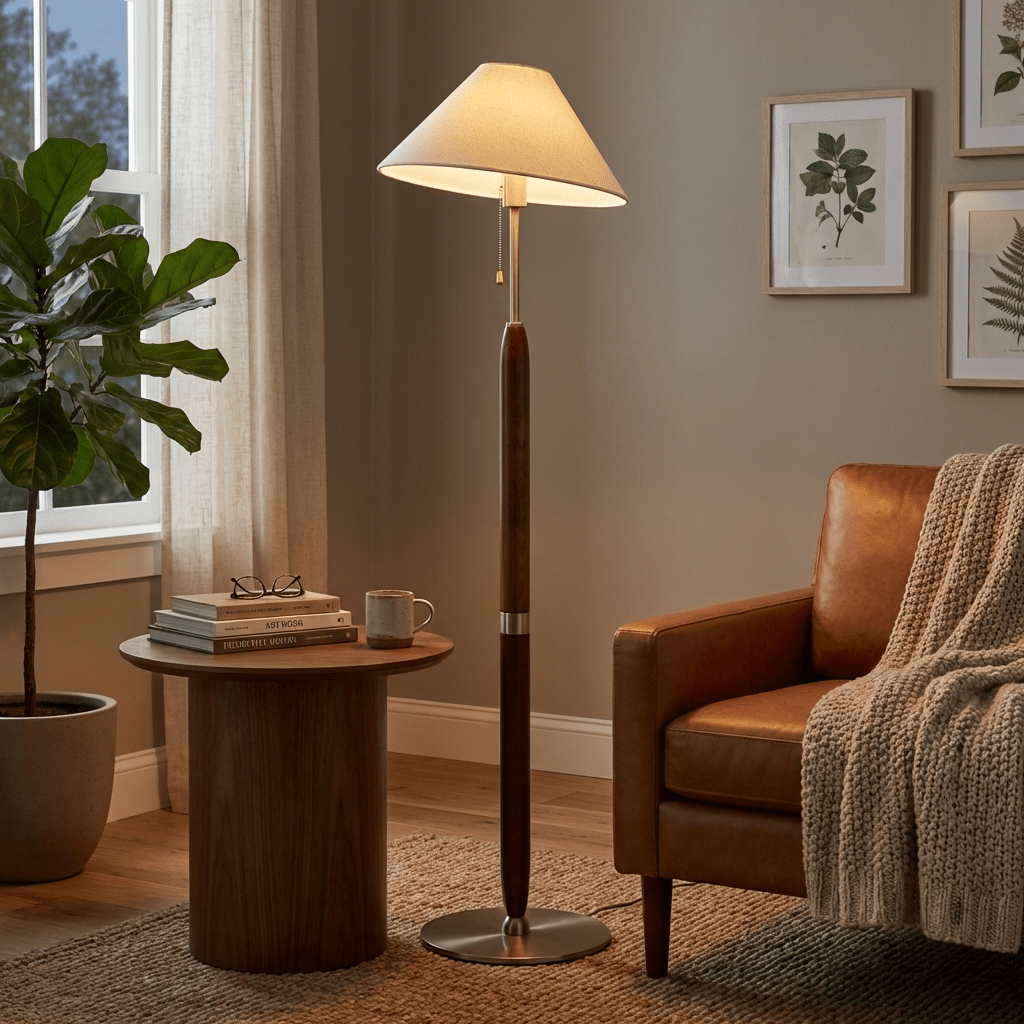 Arden Wood Floor Lamp – Modern Natural Wooden Standing Light for Living Room & Bedroom