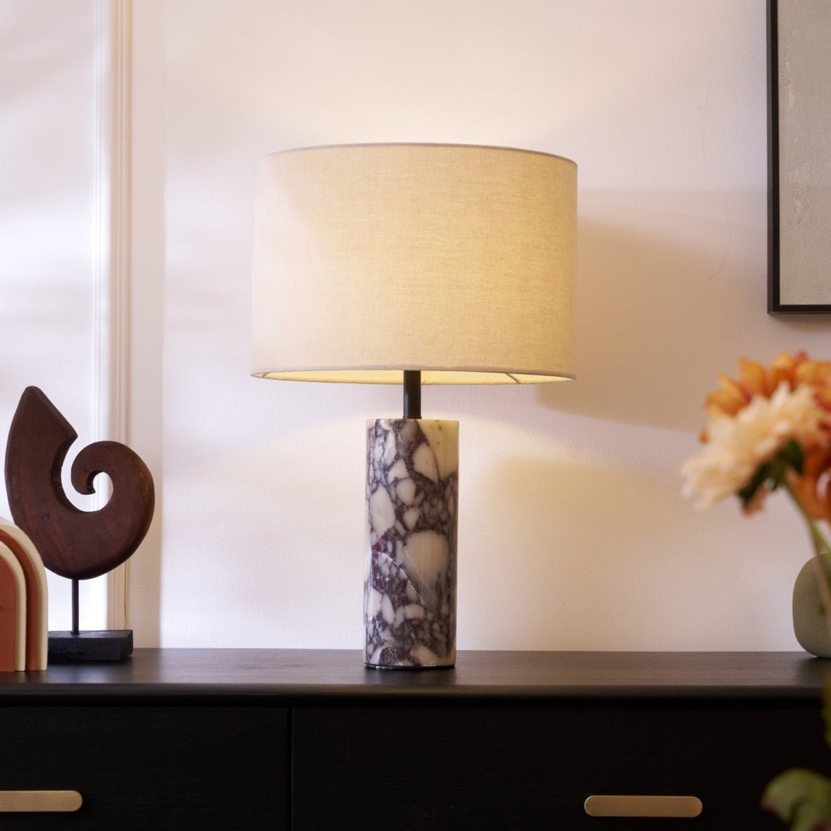 Ardena Marble Table Lamp with Linen Shade for Bedroom and Living Room