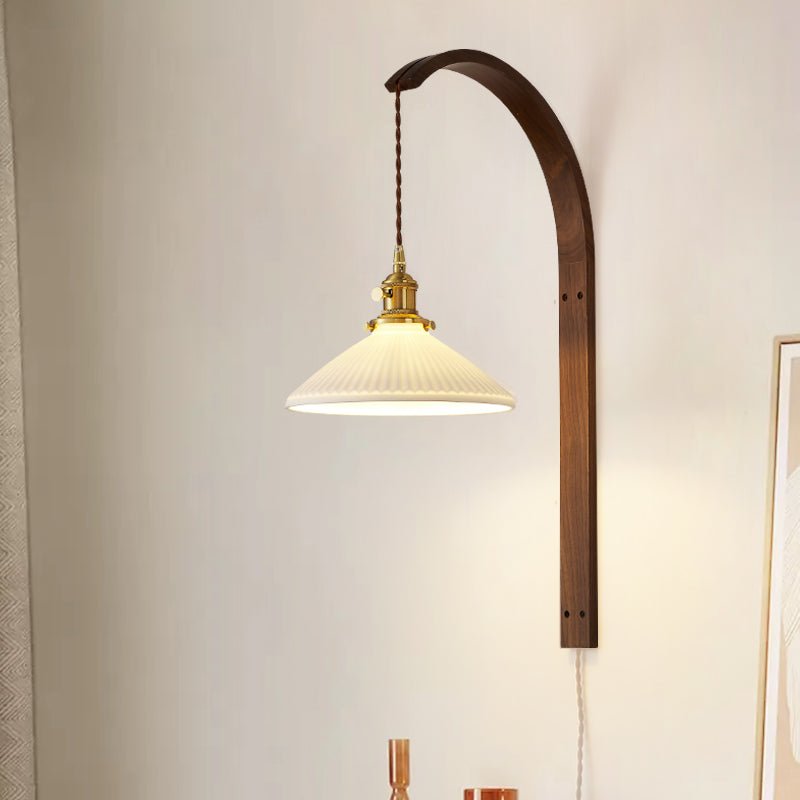 Ardent Wood Wall Sconce with Pleated Glass Shade and Brass Accents