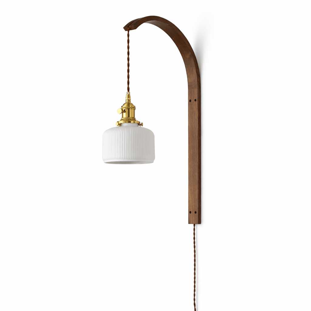 Ardent Wood Wall Sconce with Pleated Glass Shade and Brass Accents