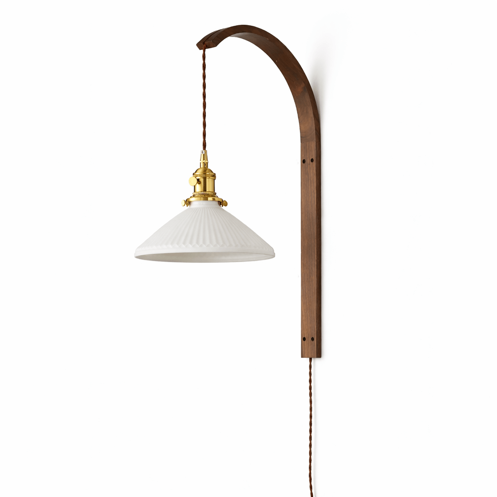 Ardent Wood Wall Sconce with Pleated Glass Shade and Brass Accents