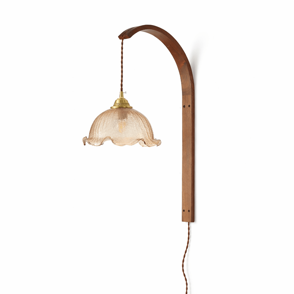 Ardent Wood Wall Sconce with Pleated Glass Shade and Brass Accents