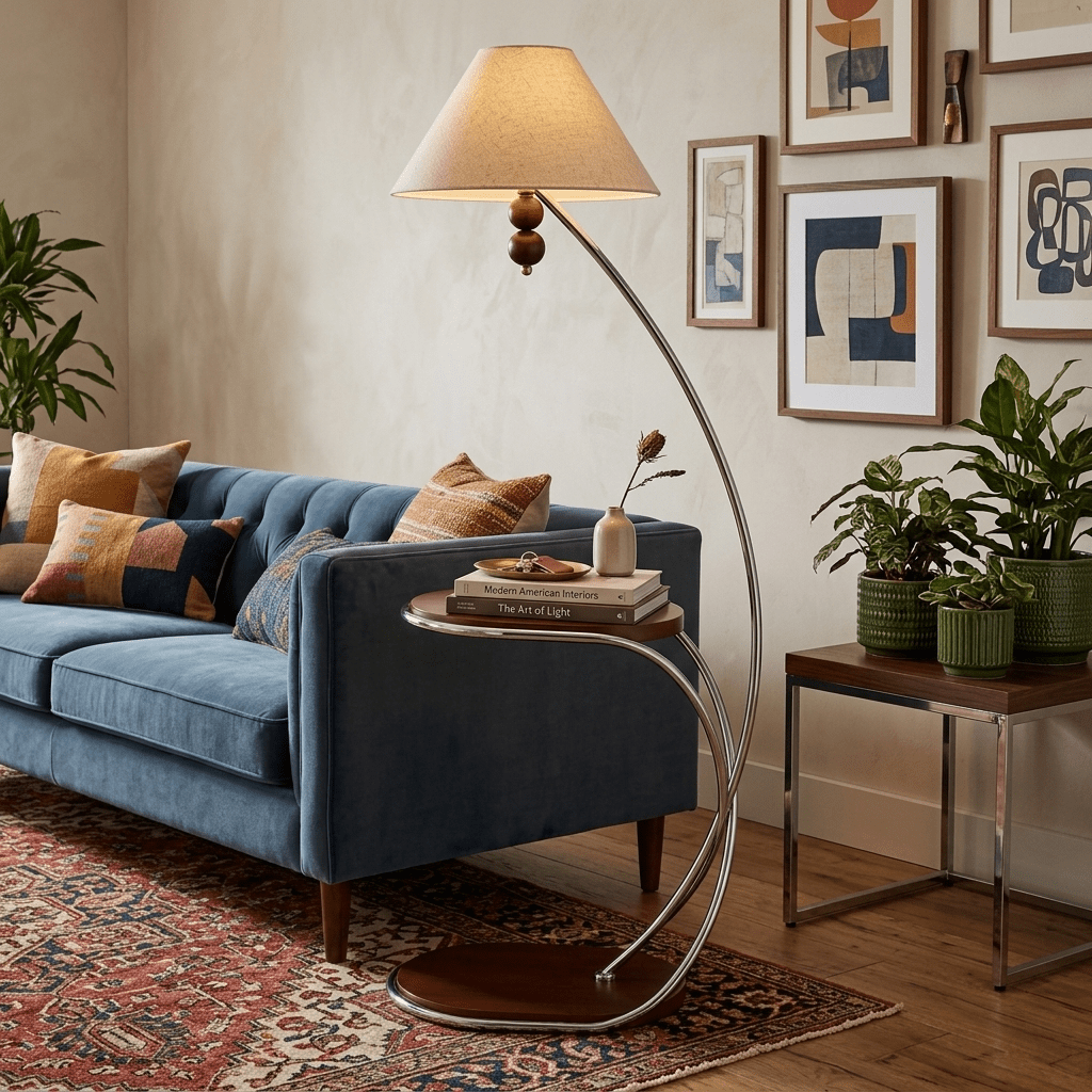 Aria Curved Shelf Floor Lamp with Fabric Shade