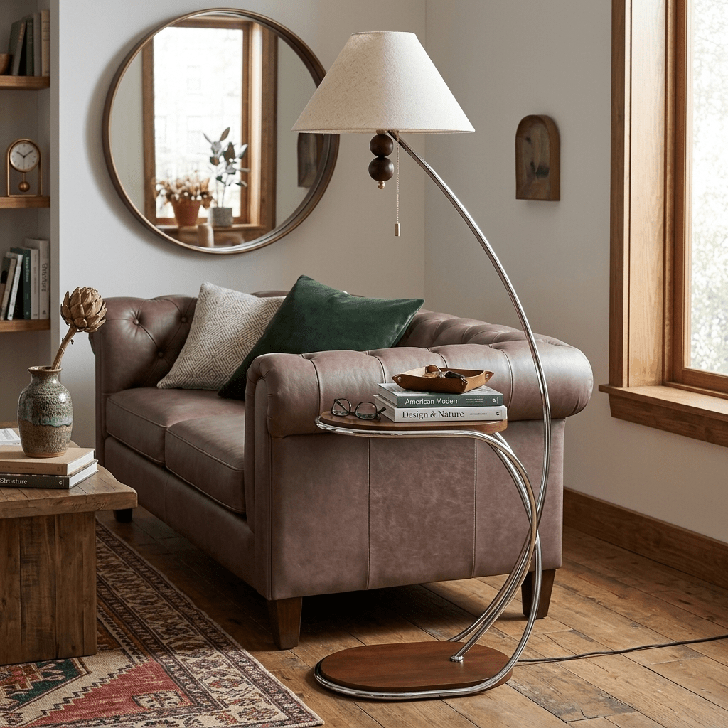 Aria Curved Shelf Floor Lamp with Fabric Shade