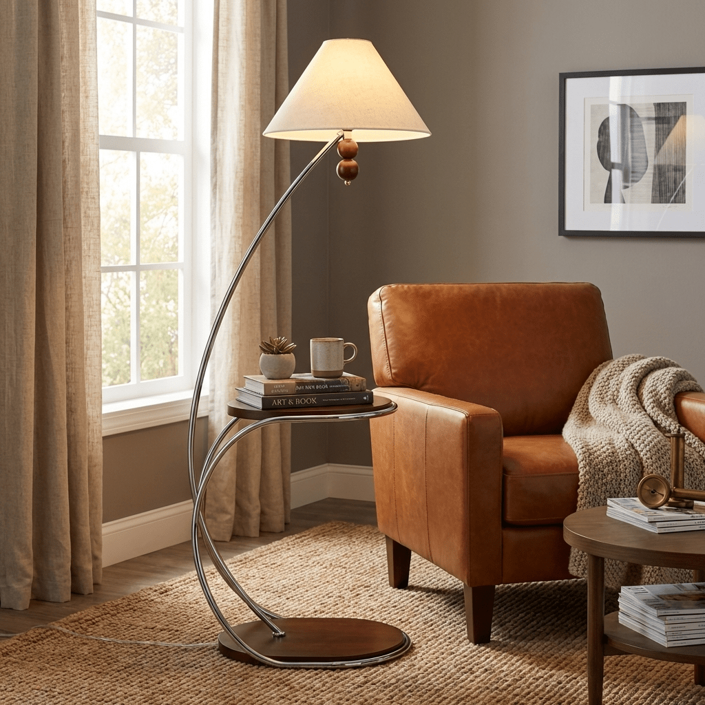 Aria Curved Shelf Floor Lamp with Fabric Shade
