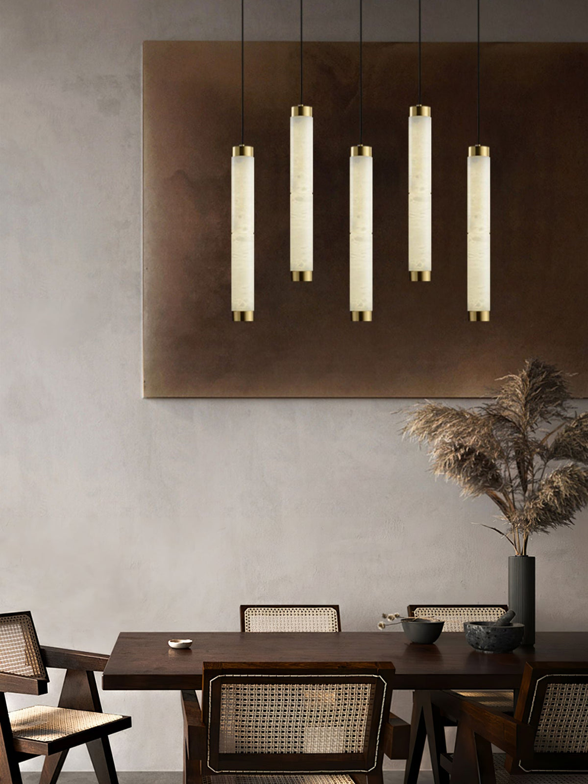 Aria Alabaster Pendant Light – Modern Brass LED Chandelier for Dining Room & Foyer