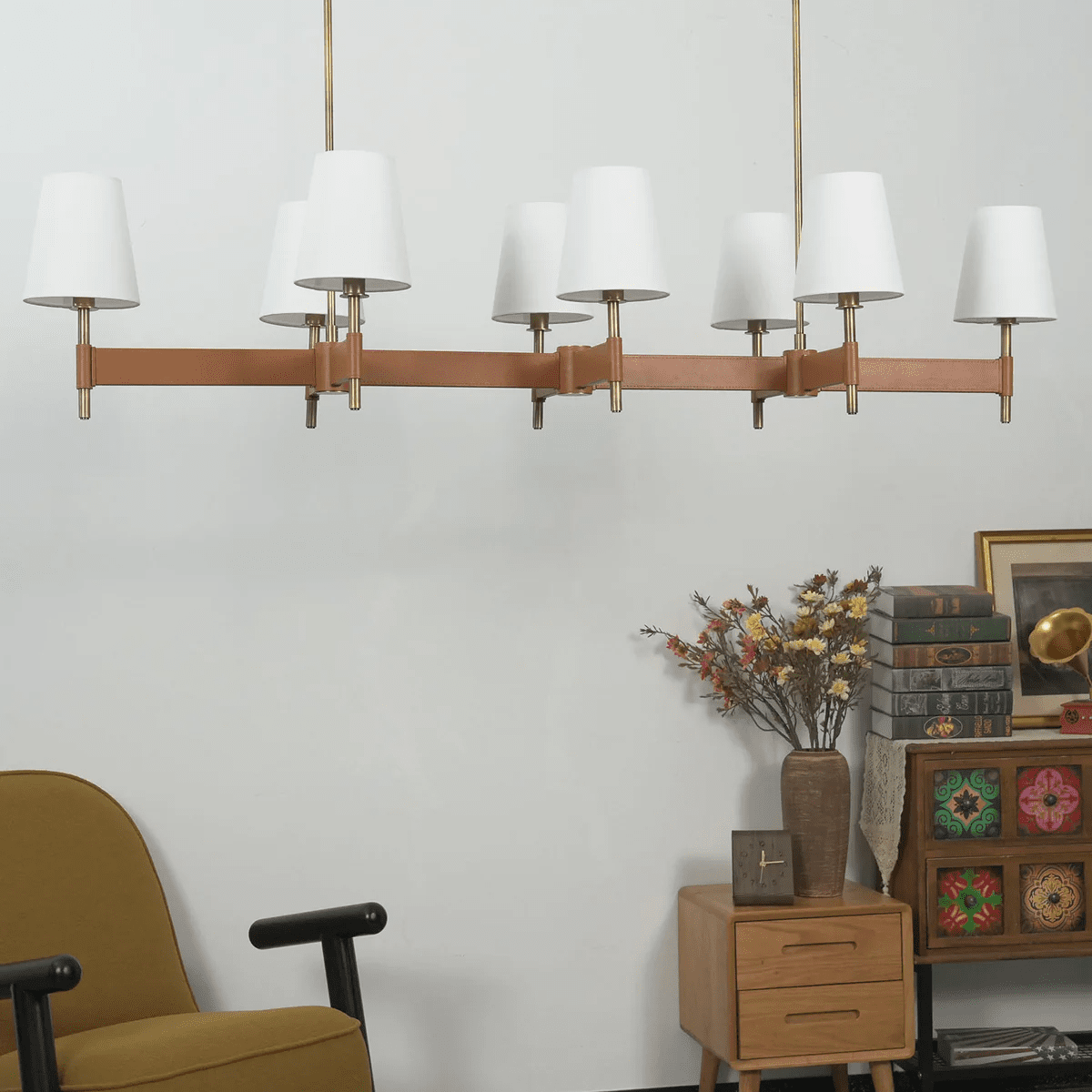 Arianna Leather & Brass Chandelier with Linen Shades, 6-Light