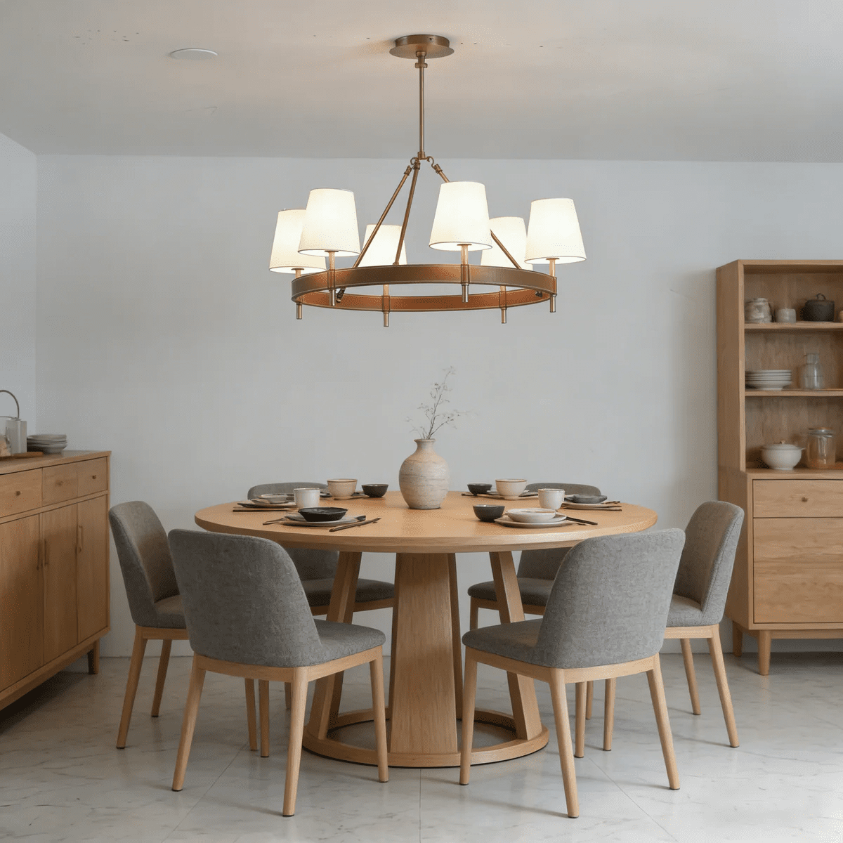 Arianna Leather & Brass Chandelier with Linen Shades, 6-Light