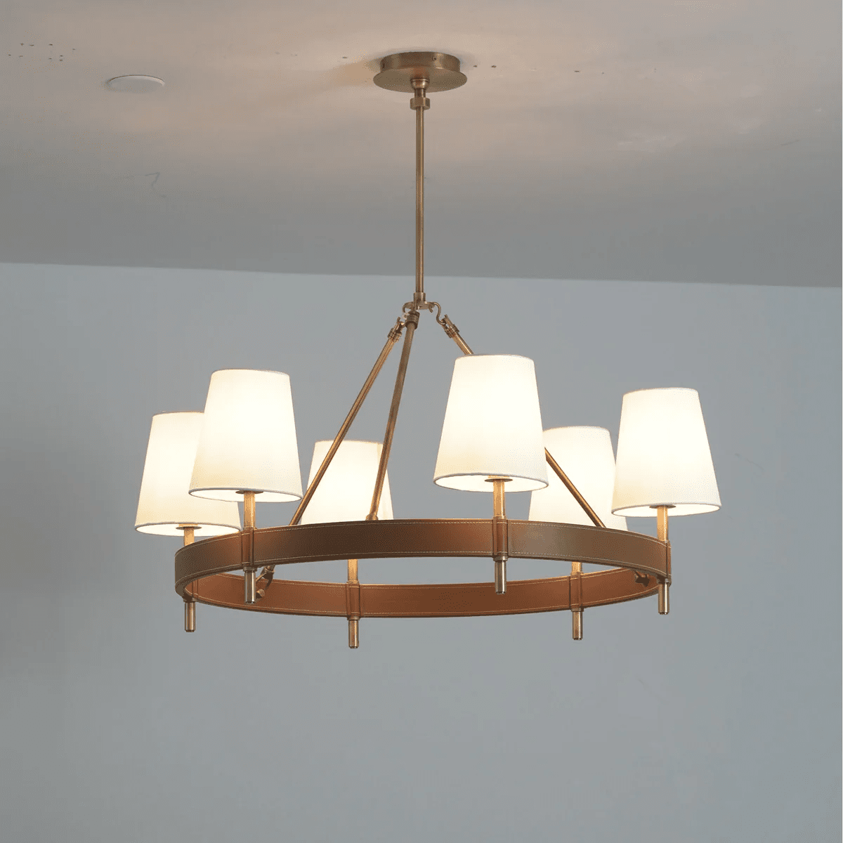Arianna Leather & Brass Chandelier with Linen Shades, 6-Light