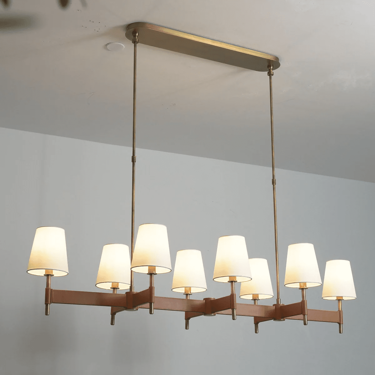 Arianna Leather & Brass Chandelier with Linen Shades, 6-Light