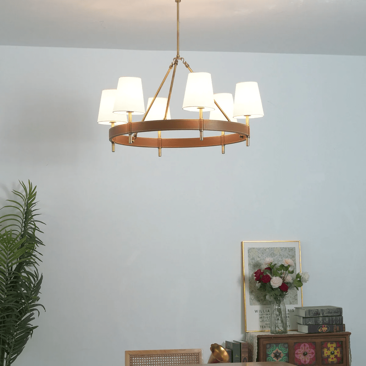 Arianna Leather & Brass Chandelier with Linen Shades, 6-Light
