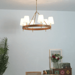 Arianna Leather & Brass Chandelier with Linen Shades, 6-Light