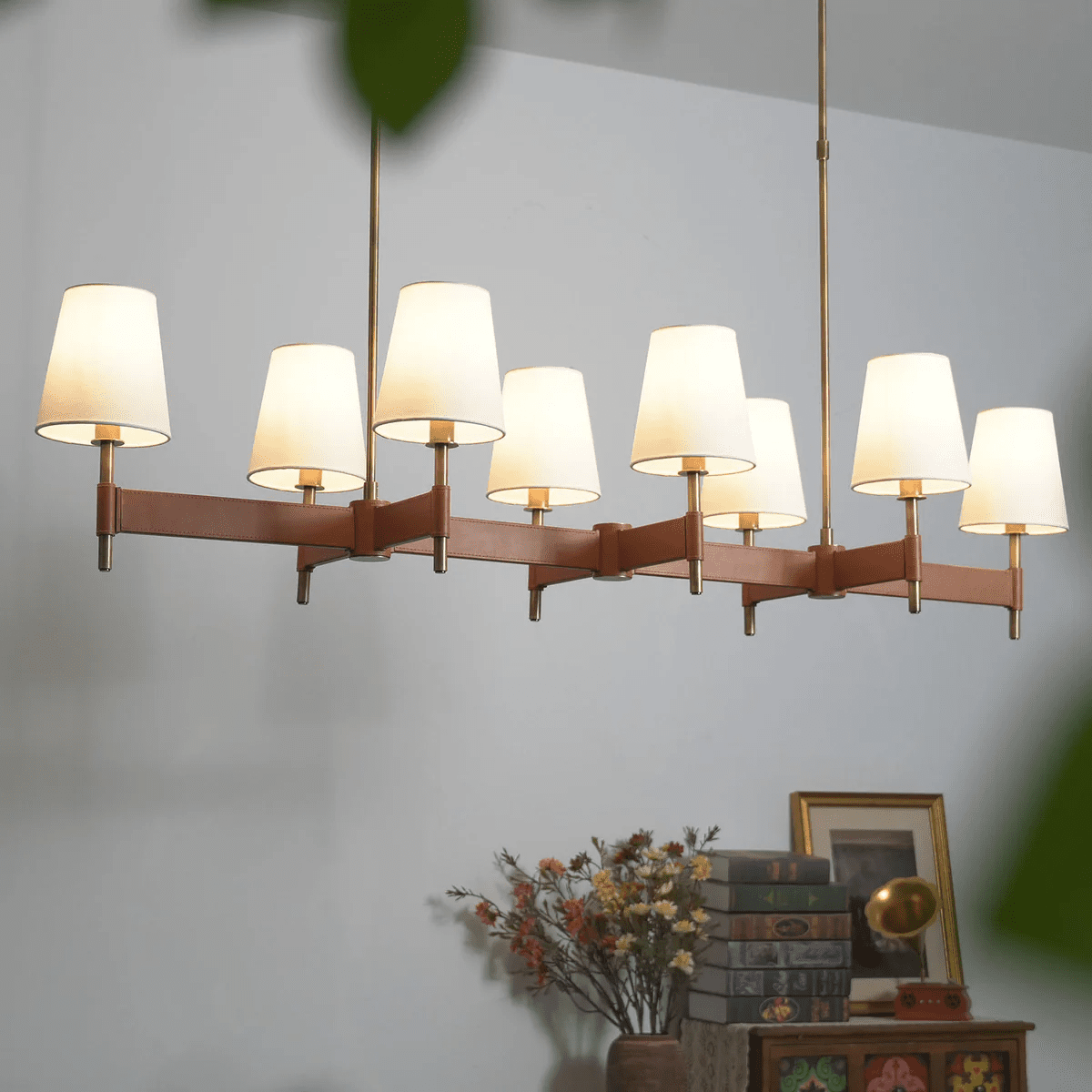 Arianna Leather & Brass Chandelier with Linen Shades, 6-Light