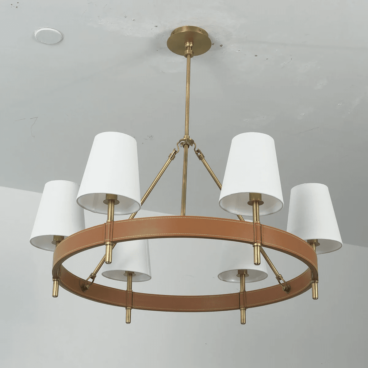 Arianna Leather & Brass Chandelier with Linen Shades, 6-Light