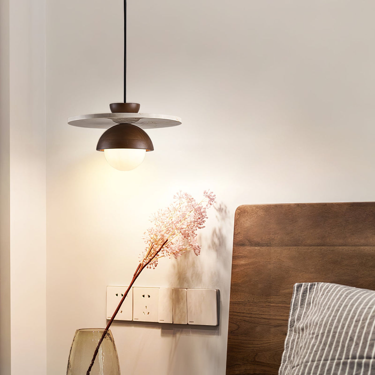 Arlo Travertine Pendant Light – Natural Stone & Walnut Dome