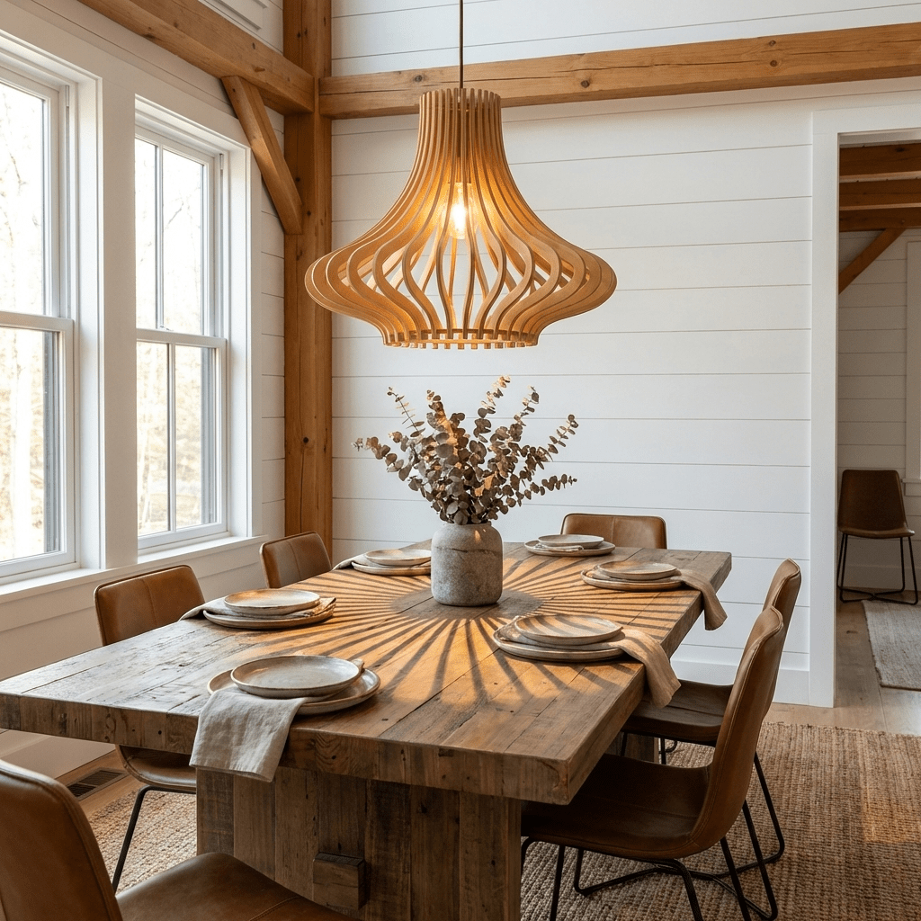Arova Wood Pendant Light – Handcrafted Natural Wood Slat Lamp for Dining & Living Spaces